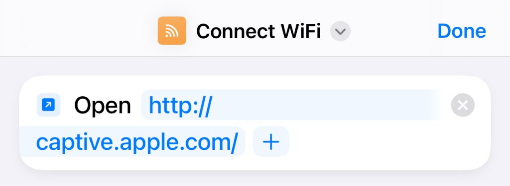 Screenshot showing the settings of the Shortcut's automation. The automation opens a browser tab to http://captive.apple.com.